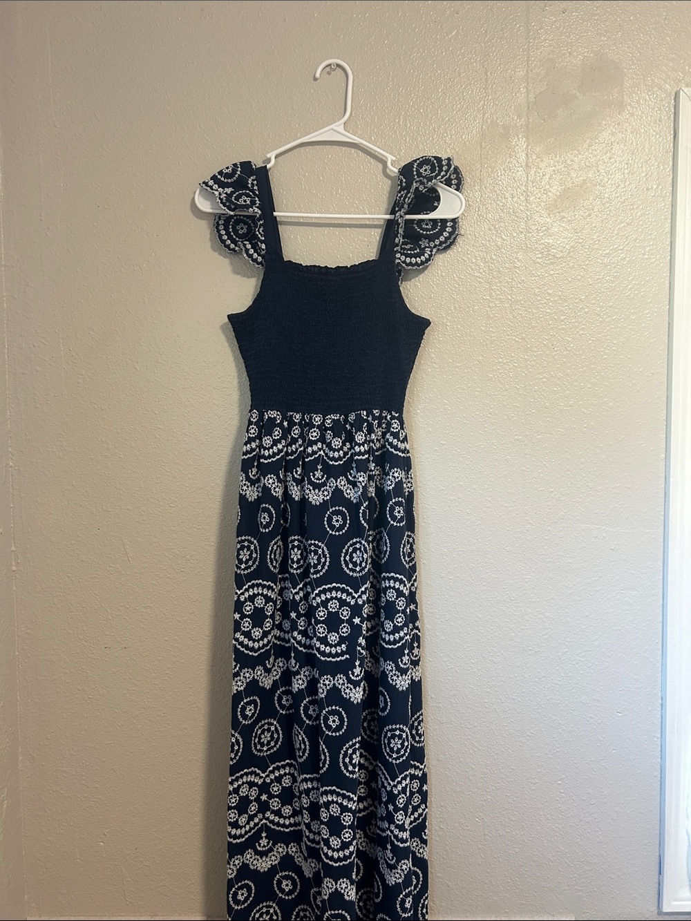 Smocked Navy and White Patterned Maxi Dress